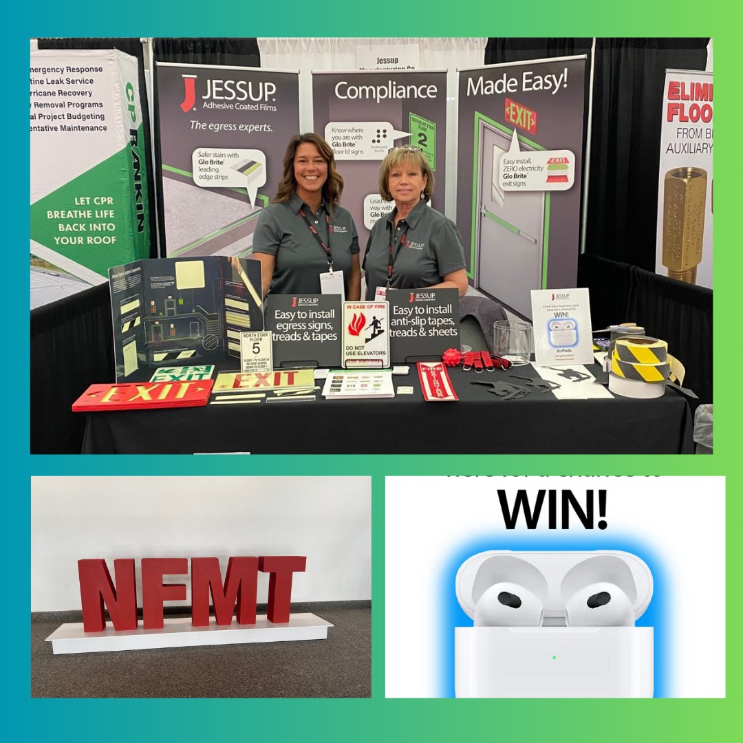 JessupMfg's tweet image. Stop by Booth #718 at NFMT! 🚀
We’re here to make compliance easy with our Glo Brite® exit signs, anti-slip tapes, and more. Plus, drop your business card for a chance to WIN a pair of AirPods! 🎧

Don’t miss out—see you at the show! #NFMT  #SafetySolutions #ComplianceMadeEasy