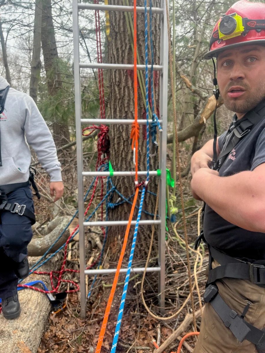 East Bridgewater, MA — First responders rescued an injured tree worker stranded about 47 feet up a pine tree on Northridge Drive Wednesday morning. The man, secured in a harness, was using a chainsaw when a falling branch kicked back and broke his arm. He remained conscious but