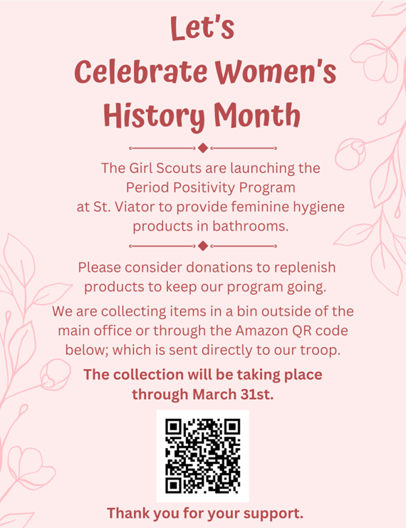 The Girl Scouts' Period Positivity Project finishes at the end of the month. Send donations by Friday 3/28/25. Thank you to everyone that has already supported. See the flier for the Amazon Wish List link. #stviatorchicago #girlscoutsofamerica #beprepared #periodpositivity