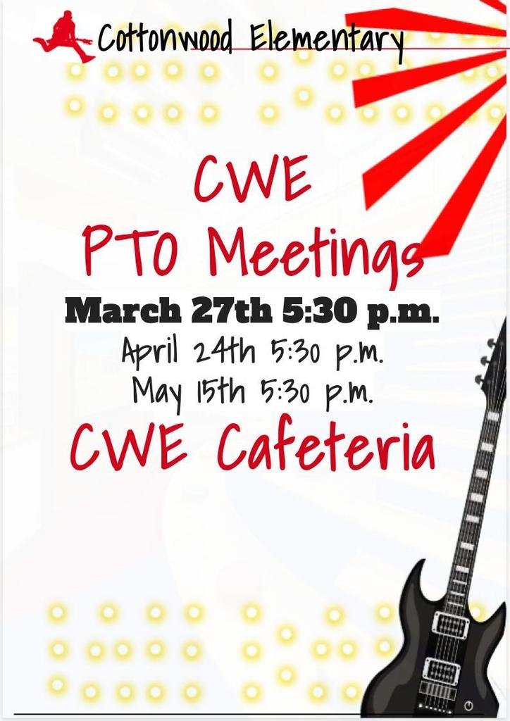 PTO Meeting tomorrow at 5:30 pm in the cafeteria.  See you there! #CWEPTORocks