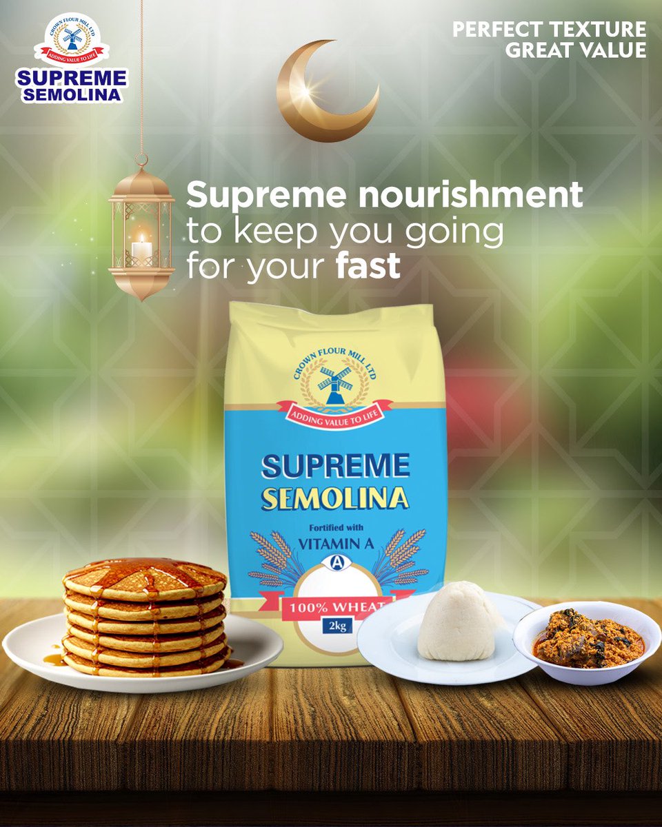 SupremeSemoNg's tweet image. Power through with tasty nourishment this  Ramadan with Supreme Semolina!
Tell us which supreme semolina meal you will be trying in the comments. 
 
#Supremesemolina #Supremeexperience
#PerfectTexture #GreatValue #Ramadan #RamadanMealprep