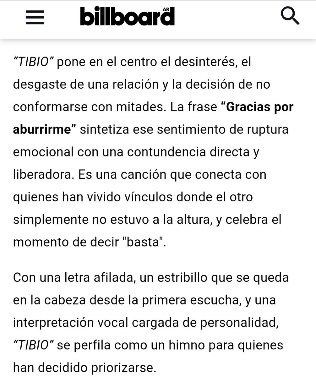 "TIBIO" se perfila como un himno para quienes han decidido priorizarse 💅

MAR RENDON X BILLBOARD
#TIBIO

Vayan a leer la nota completa,es importante darle engage a los artículos Marcianos.
billboard.ar/lanzamientos/m…