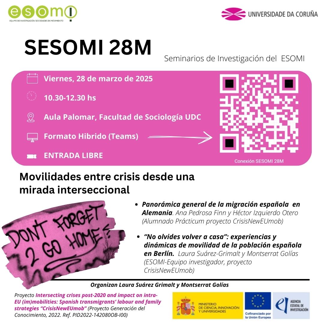📢 Seminario de Investigación del ESOMI (SESOMI) 

🗓️ 28 de marzo | 10:30 h
📍 Aula Palomar, Facultad de Sociología

Hablaremos sobre la experiencia de las personas españolas en Berlín y presentaremos resultados del proyecto #CrisisNewEUmob

Entrada libre. ¡Anímate a participar!