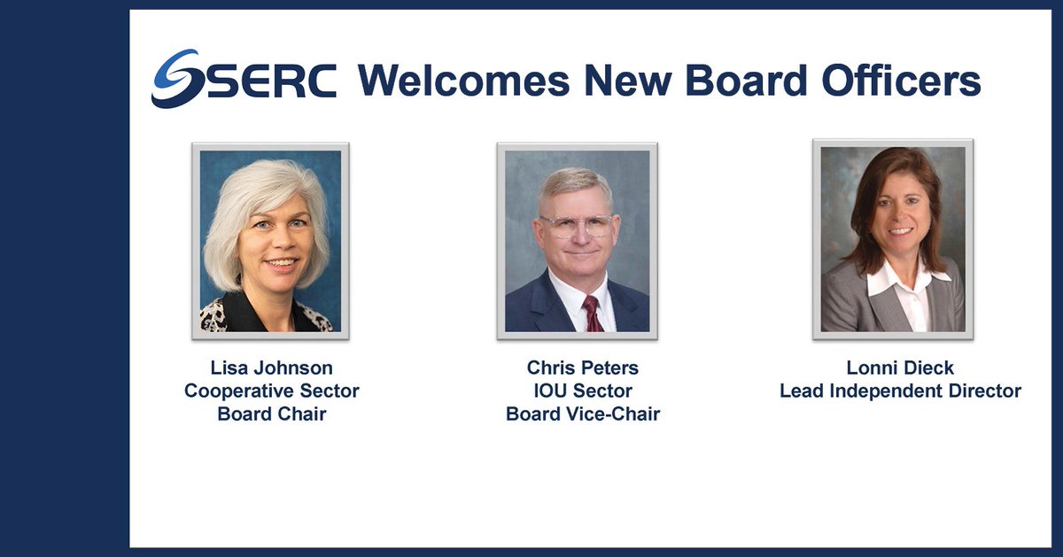 SERCReliability (@sercreliability) on Twitter photo <a href="/SERCReliability/">SERCReliability</a> Board has elected new Board Officers for terms beginning June 1, 2025: Chair Lisa Johnson, Vice Chair Chris Peters, and Lead Independent Director Lonni Dieck. We look forward to your leadership in advancing reliability and resilience across the region. <a href="/SERCReliability/">SERCReliability</a> Board has elected new Board Officers for terms beginning June 1, 2025: Chair Lisa Johnson, Vice Chair Chris Peters, and Lead Independent Director Lonni Dieck. We look forward to your leadership in advancing reliability and resilience across the region.