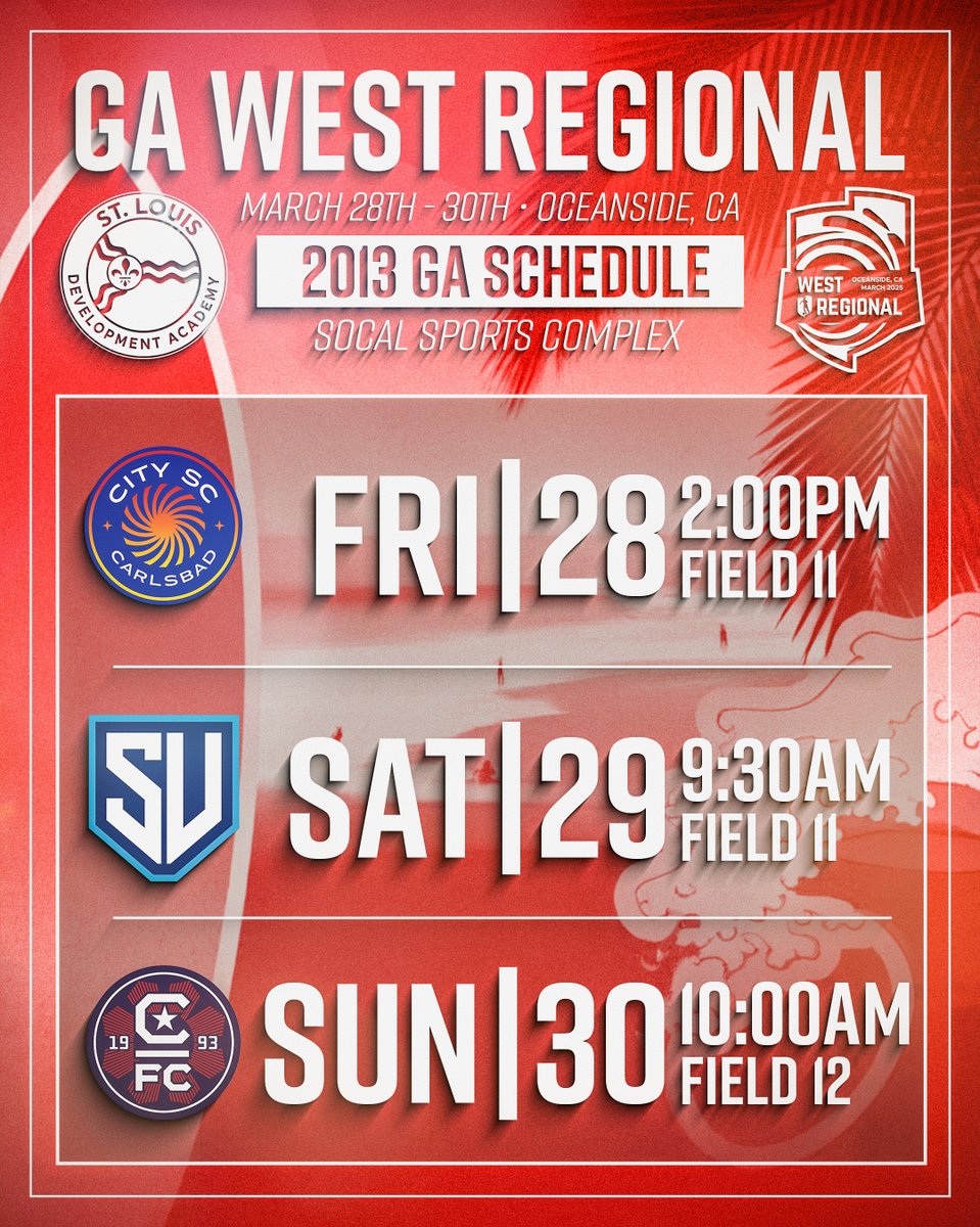 STLDASoccer's tweet photo. 🌴 St. Louis DA is headed to CALI! 🌴
Our 2011, 2012 &amp; 2013 GA teams take on top talent at the GA West Regional in Oceanside, CA – March 28-30! 💥⚽

Let’s rep The Lou on the West Coast!
#DevelopTheLou #GAWestRegional #STLDA

@TheSoccerWire @GAcademyLeague https://t.co/ocdx1DSSK4