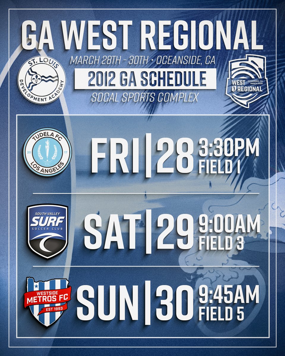STLDASoccer's tweet photo. 🌴 St. Louis DA is headed to CALI! 🌴
Our 2011, 2012 &amp; 2013 GA teams take on top talent at the GA West Regional in Oceanside, CA – March 28-30! 💥⚽

Let’s rep The Lou on the West Coast!
#DevelopTheLou #GAWestRegional #STLDA

@TheSoccerWire @GAcademyLeague https://t.co/ocdx1DSSK4