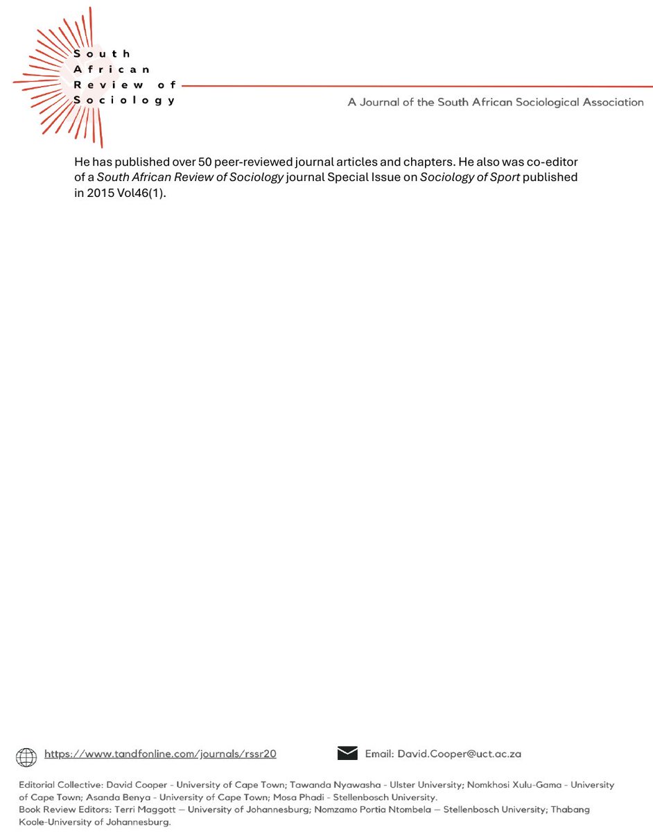 sasa_sociology (@sasa_sociology) on Twitter photo Call for Papers for a special issue for 2026 in the South Africa Review of Sociology (SARS) <a href="/SARS_Journal/">South African Review of Sociology</a>
The proposed title is: ‘Sport, Recreation and Leisure in Contemporary South Africa’
#Sociology #Sports #Recreation #Leisure Call for Papers for a special issue for 2026 in the South Africa Review of Sociology (SARS) <a href="/SARS_Journal/">South African Review of Sociology</a>
The proposed title is: ‘Sport, Recreation and Leisure in Contemporary South Africa’
#Sociology #Sports #Recreation #Leisure