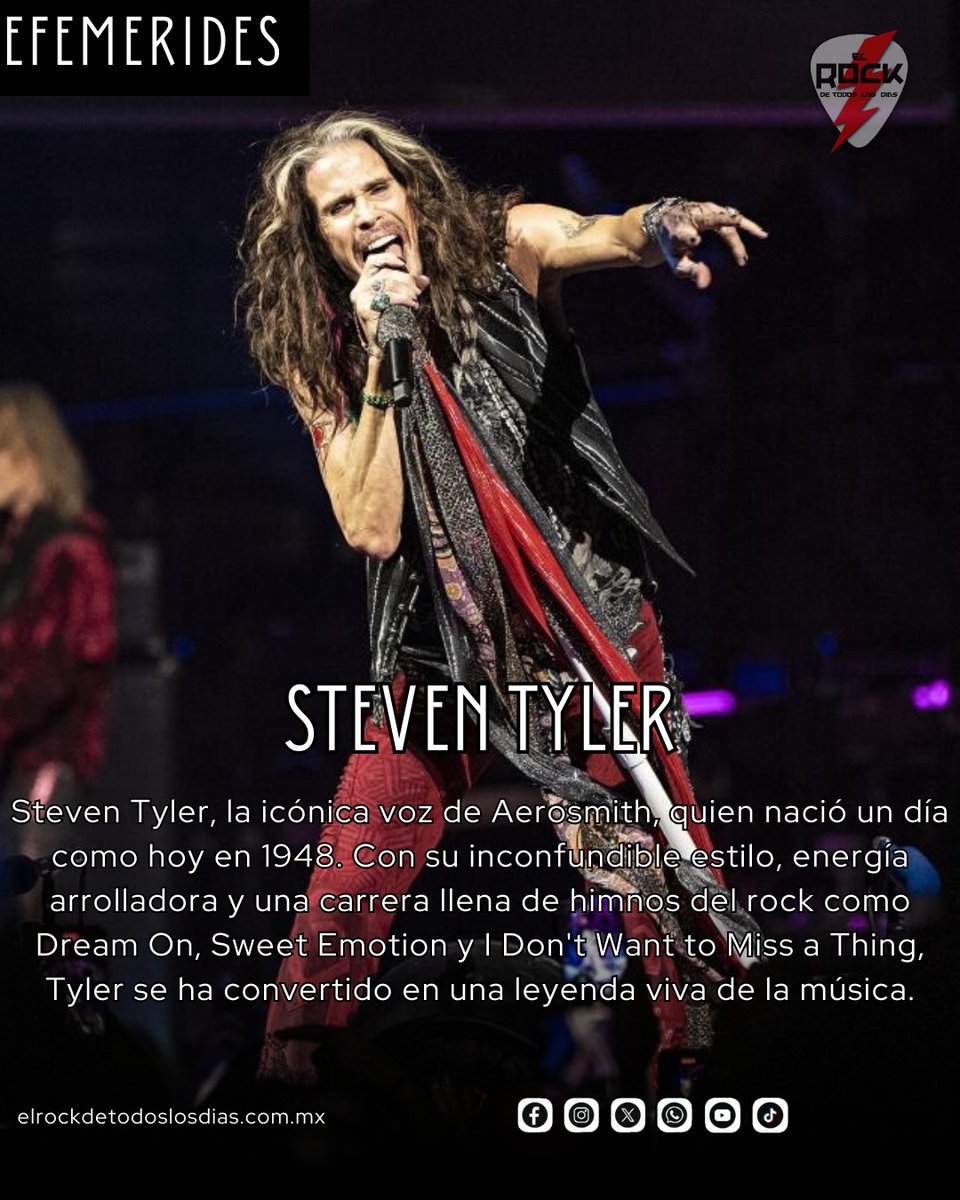🎤🎸 ¡Feliz cumpleaños a Steven Tyler! 🎶🔥

Hoy celebramos a Steven Tyler, la icónica voz de Aerosmith, quien nació un día como hoy en 1948.

#StevenTyler #Aerosmith #RockLegends #DreamOn