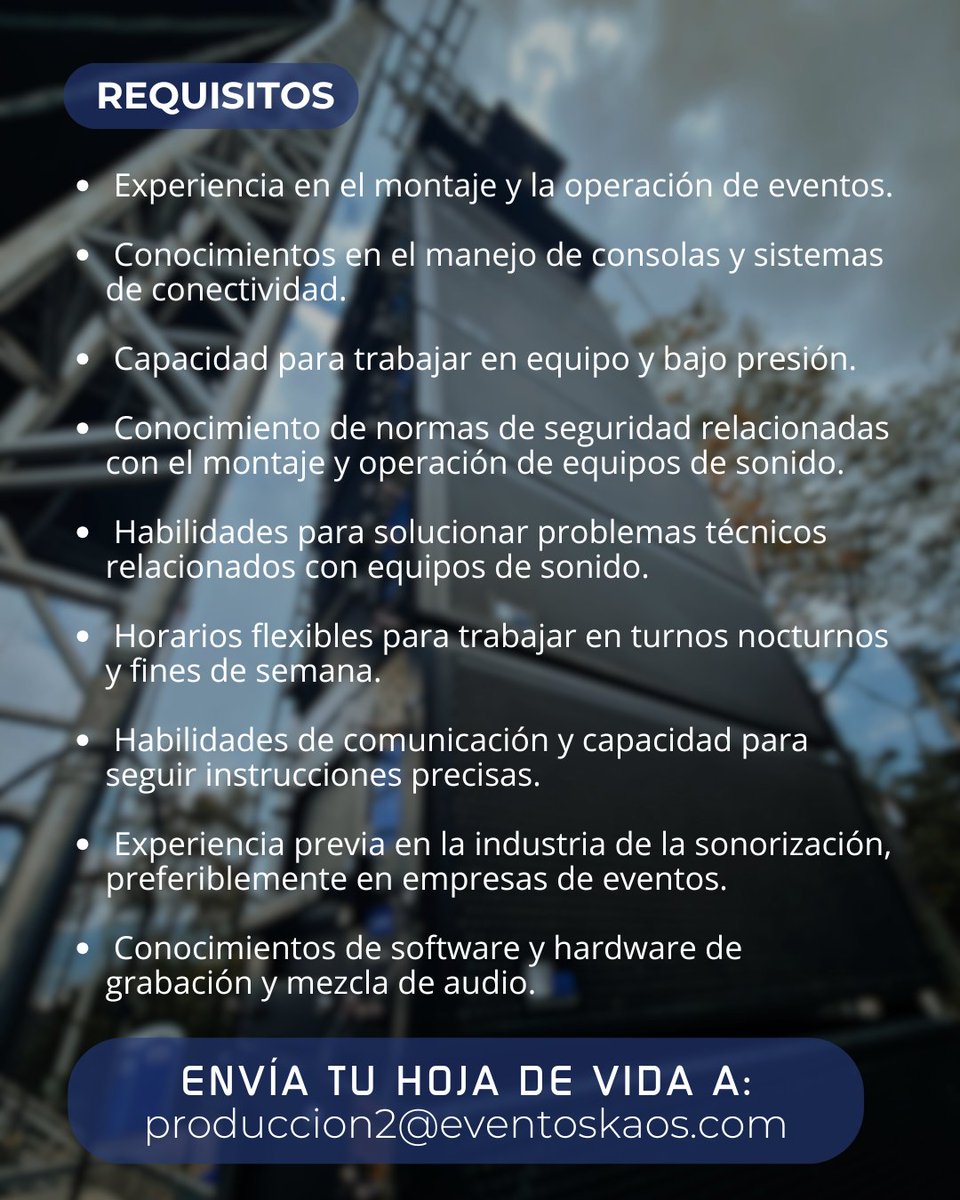 eventoskaos's tweet photo. 🎧¡Estamos en búsqueda de un Ingeniero de Sonido! 📷 Si eres un  apasionado por el sonido en vivo, con experiencia en mezcla, montaje y optimización de sistemas de audio.   📷
#OportunidadLaboral 
#IngenieroDeSonido 
#Vacante
#TagAval https://t.co/wFu1ra3SMZ
