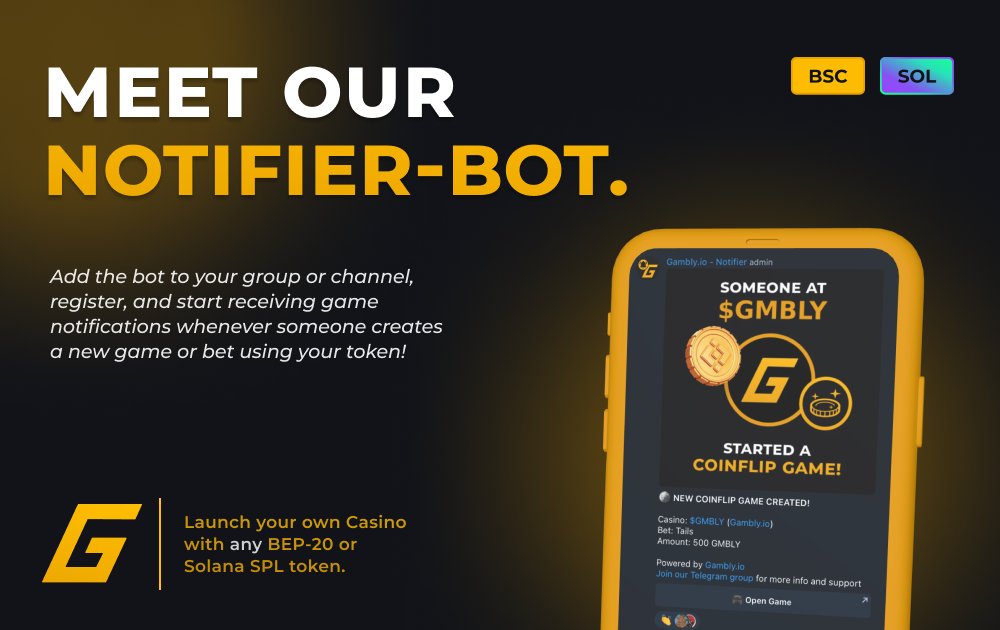 Gambly Telegram Notifier Bot now live!

Available for all tokens on $BNB and $SOL.
Add @Gambly_NotifierBot for instant utility.
Boost your project's engagement and adoption easily.

Elevate your token’s ecosystem with $GMBLY!