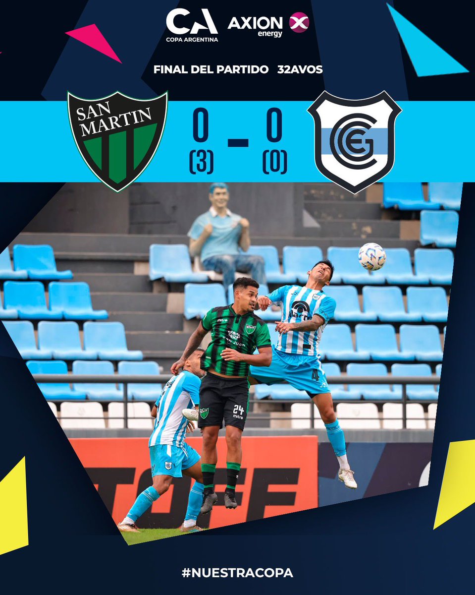 Copa_Argentina's tweet photo. ¡Ganó @CASanMartinSJ! 🟢⚫

⚽️ Se impuso 3-0 en penales, luego de empatar 0-0 ante @OficialGyEJujuy, y ya está en 16avos de Final ⚽️

Será rival de @RacingClub 🥳👌

#CopaArgentinaAXIONenergy 🏆🇦🇷

#NuestraCopa 🙌 https://t.co/3yOJZQIUKA