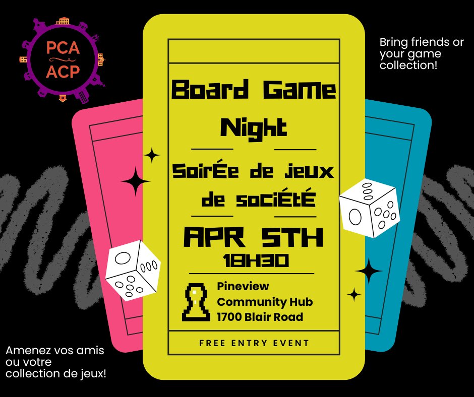 Join us for a free community board game night! Click link below to see event details.

Joignez nous pour une soirée de jeux de société gratuite! Selectionnez le lien suivant pour voir les détailles de l'événement.

facebook.com/share/1JLzG1ok…