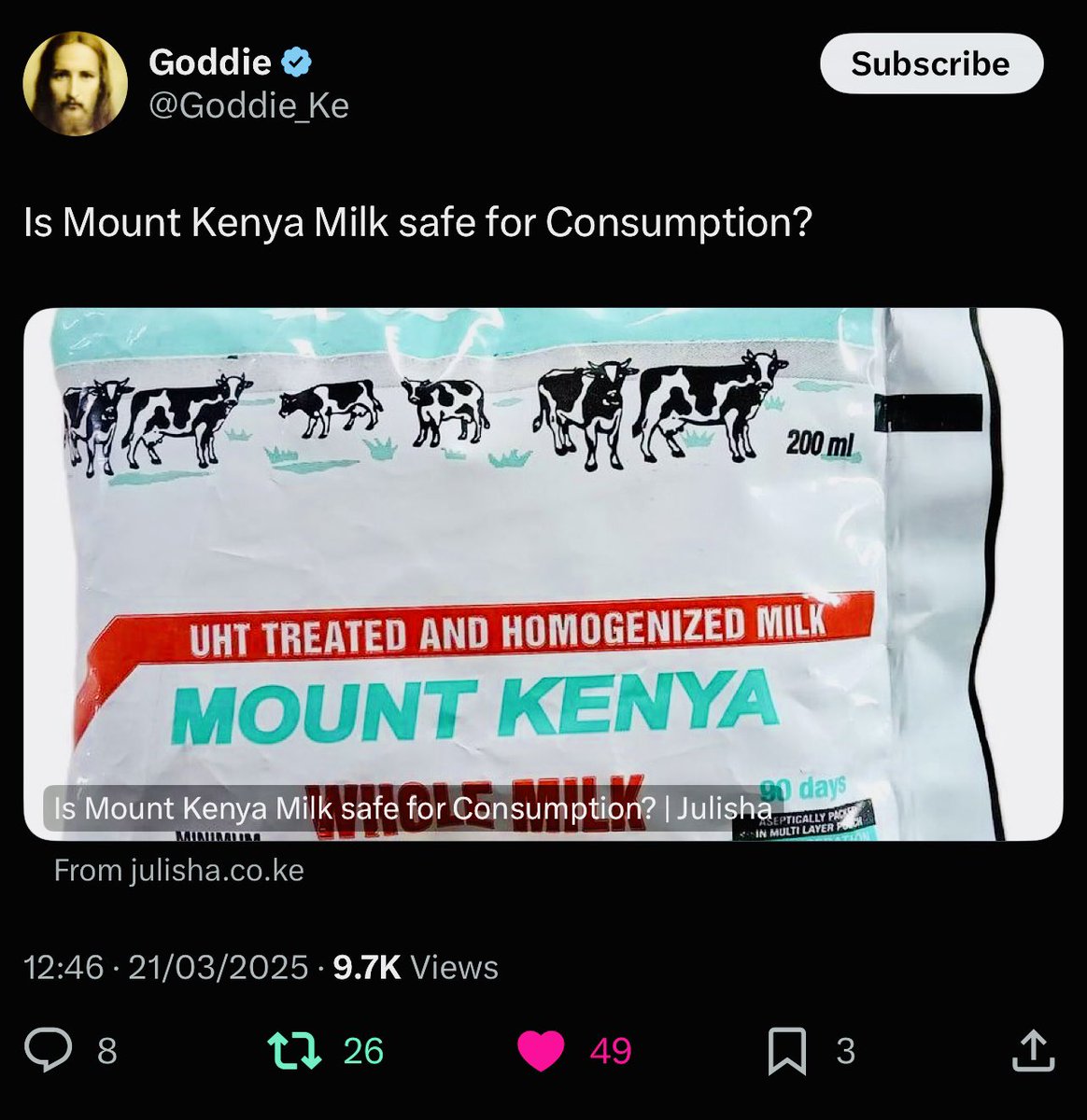 benanuale's tweet photo. Mr Kenneth Gitonga, CEO Mt Kenya Milk Kenyans are aware that @Goddie_Ke was arrested immediately after posting⬇️ article. In Kenya, freedom of expression, including the right to seek, receive, &amp; impart information, is enshrined in Article 33 of the 2010 Constitution. #FreeGoodie https://t.co/gbyZE02OXp