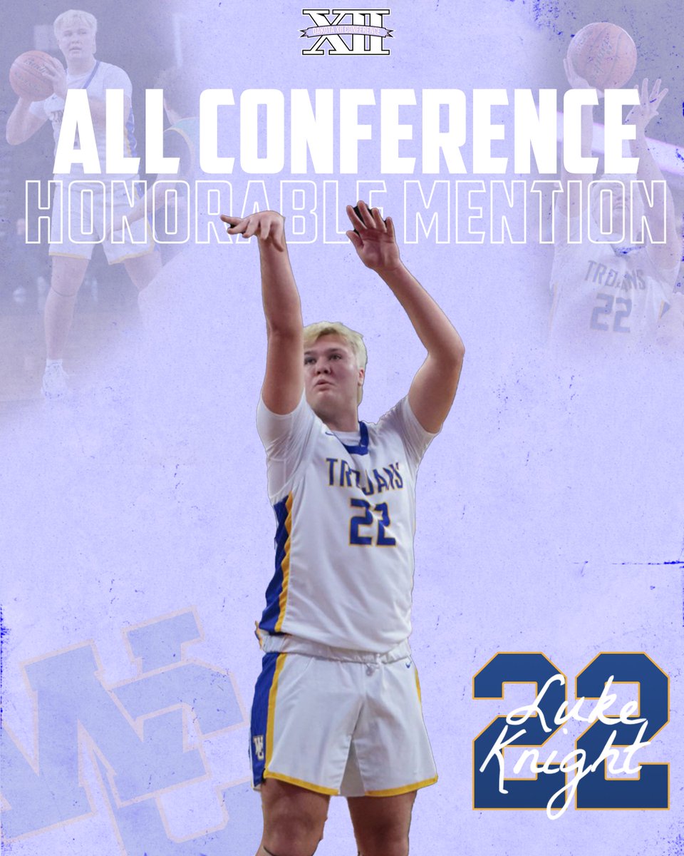 Congrats to Senior Luke Knight on being an Honorable Mention Dak 12 All-Conference Team! Averaging 5.3 Points Per Game, 5.0 Rebounds, &amp; 1.5 Assists Per Game! His leadership and impact on the court have been invaluable all season. Well deserved, Luke! 💪🏼 

#thetrojanway