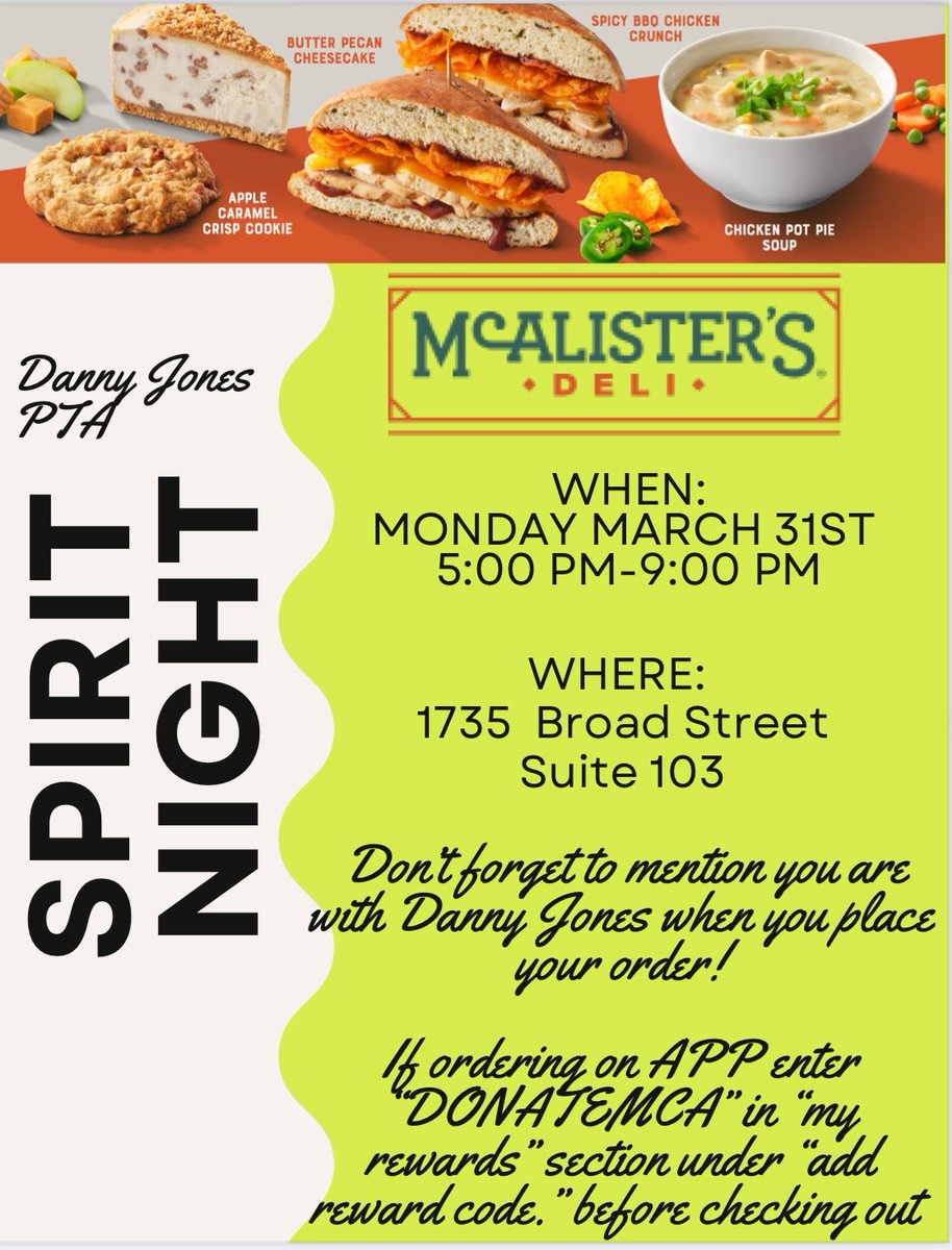 ** CORRECTION **
Join us for Spirit Night at McAllister’s Deli on E Broad. Staff, teachers, students, friends, family and neighbors are all welcome!!!  Just mention you’re with Danny Jones or enter “DONATEMCA” in your rewards section if using the APP.