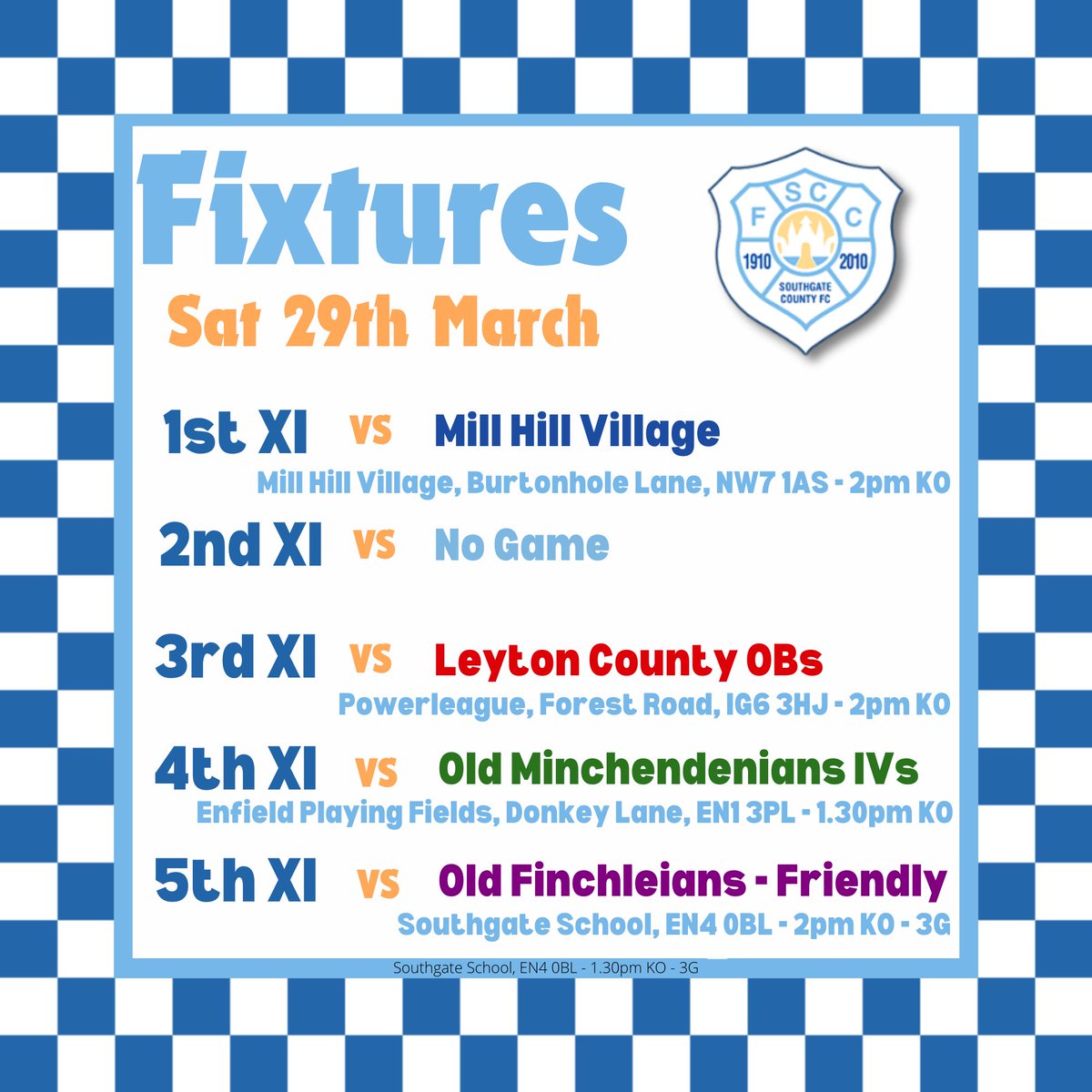 Southgate County FC (@southgatecounty) on Twitter photo Weekend Fixtures
<a href="/MensMinch/">Old Minchendenians FC est 1933</a> <a href="/OldFinchleianFC/">Old Finchleians FC</a> <a href="/LeytonCounty/">LeytonCounty</a> @millhillvillage Weekend Fixtures
<a href="/MensMinch/">Old Minchendenians FC est 1933</a> <a href="/OldFinchleianFC/">Old Finchleians FC</a> <a href="/LeytonCounty/">LeytonCounty</a> @millhillvillage
