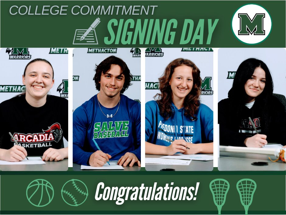 Methacton's tweet photo. Four Methacton High School student-athletes and their families celebrated College Commitment Signing Day with a special photoshoot in the LGI.

This exciting day symbolizes not only their athletic achievements but also the beginning of a new chapter in their academic and athletic careers. We are so proud of their achievements and look forward to what the future holds for them.

Congratulations!
Abby Arnold - Basketball - Arcadia University
Chris Colabelli - Baseball - Salve Regina University
Piper Evangelist - Lacrosse - SUNY Fredonia
Samantha Gambone - Lacrosse - Arcadia University