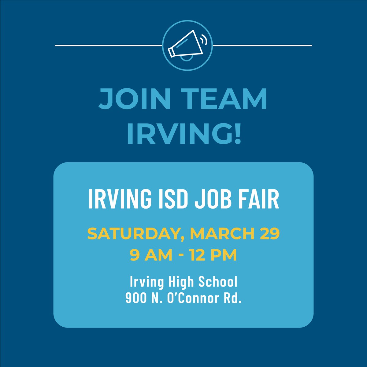 📢Calling all educators! Join a community that values passion, purpose and people. 

Join us at the Irving ISD Job Fair this Saturday, March 29 from 9 AM - 12 PM

Register at IrvingISD.net/Jobfair

📍 Irving High School
900 N. O'Connor Rd.

#TeamIrving #HeartWork #LoveWhatYouDo