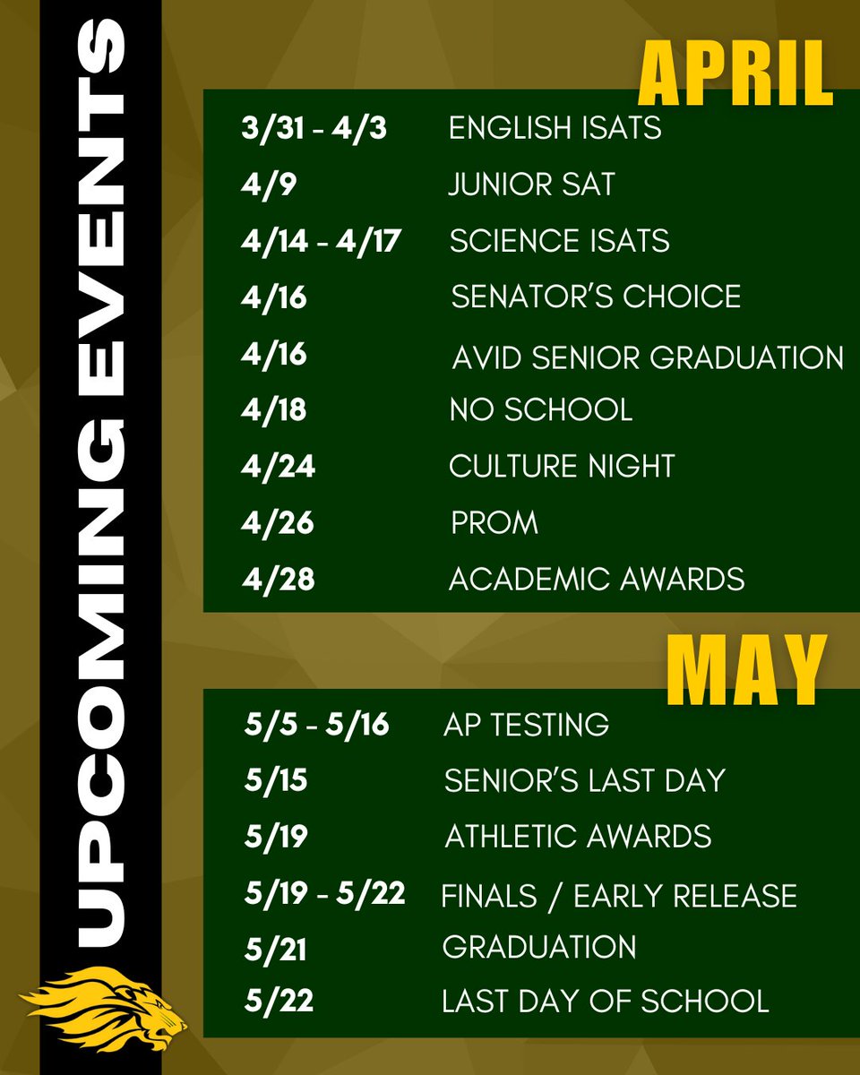 As we are coming to the end of the school year, we have some important upcoming events. Here is what you need to know for the months of April and May!