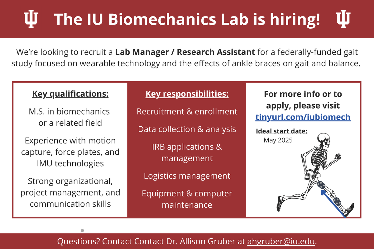 The IU Biomechanics Lab is hiring a Lab manager / Research Assistant! 
Click here to apply: tinyurl.com/iubiomech