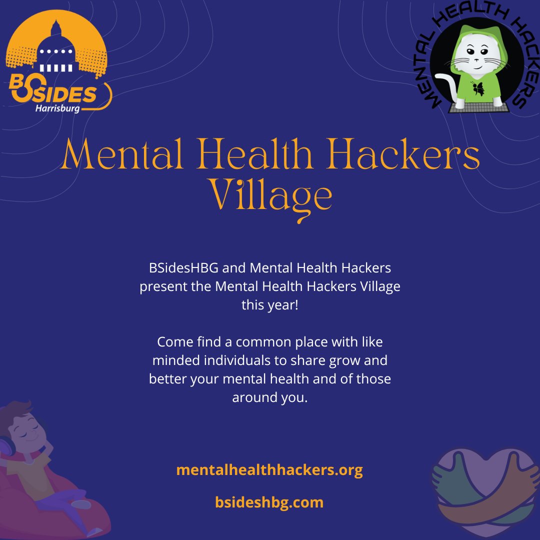 BSides Harrisburg (@bsideshbg) on Twitter photo We are thrilled to announce the Mental Health Hackers village! The village will provide a chance to escape the chaos of the conference by providing different ways to focus on your well being. Thank you <a href="/HackersHealth/">Mental Health Hackers</a> for your help in making this resource available to attendees. We are thrilled to announce the Mental Health Hackers village! The village will provide a chance to escape the chaos of the conference by providing different ways to focus on your well being. Thank you <a href="/HackersHealth/">Mental Health Hackers</a> for your help in making this resource available to attendees.