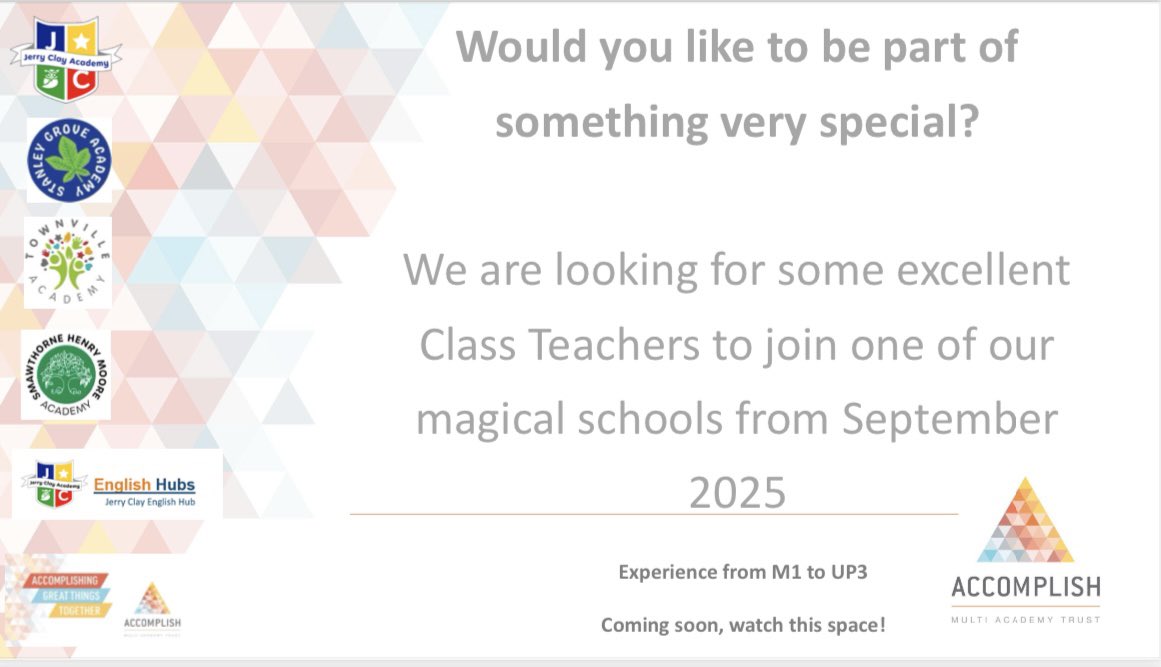 accomplish_mat's tweet photo. Come &amp; work for us in one of our Accomplish schools from September ✨

Join our dream teams! 

https://t.co/wNZDAgfNFm

@JCAWakefield @StanleyGrovePri @SmawthorneHMA @TownvilleIS @JCEnglishHub @AccomplishingT https://t.co/0lKqG1fSvH