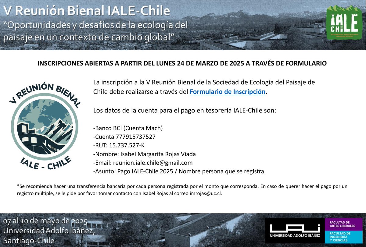 🌎 ¡Nos reencontramos en la Bienal de Ecología del Paisaje 2025!La V Reunión Bienal IALE-Chile ya está en marcha. Revisa las instrucciones para inscribirte y asegúrate tu cupo. ¡Te esperamos!