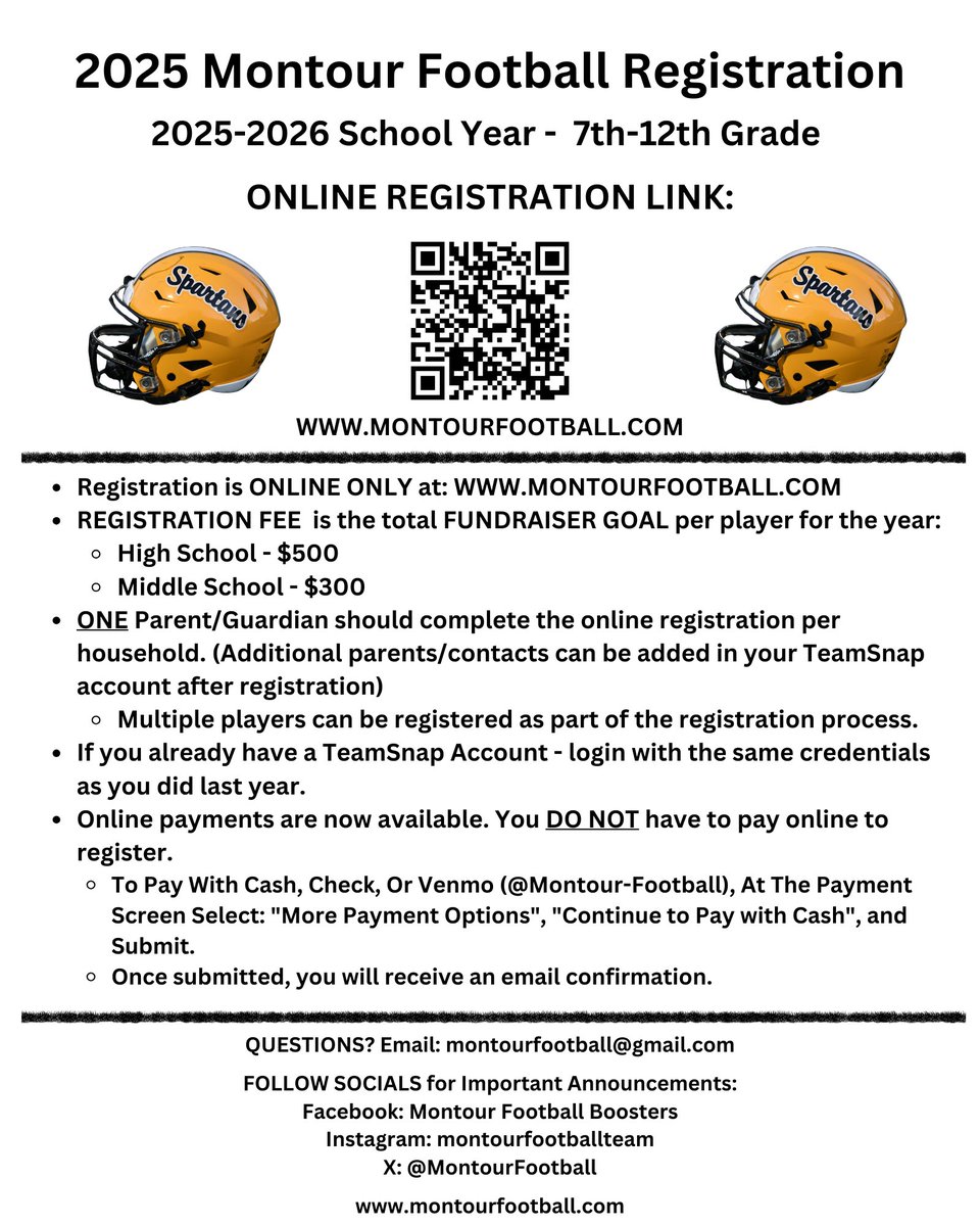 🏈 ‼️REMINDER: Player Registration is NOW OPEN for 7th-12th grade players entering the Fall 2025 season!

🏈 Player registration is ONLINE ONLY!

🏈 Register at the following link (Instructions in post) ⬇️:
montourfootball.teamsnapsites.com/registration/

🖤🏈💛