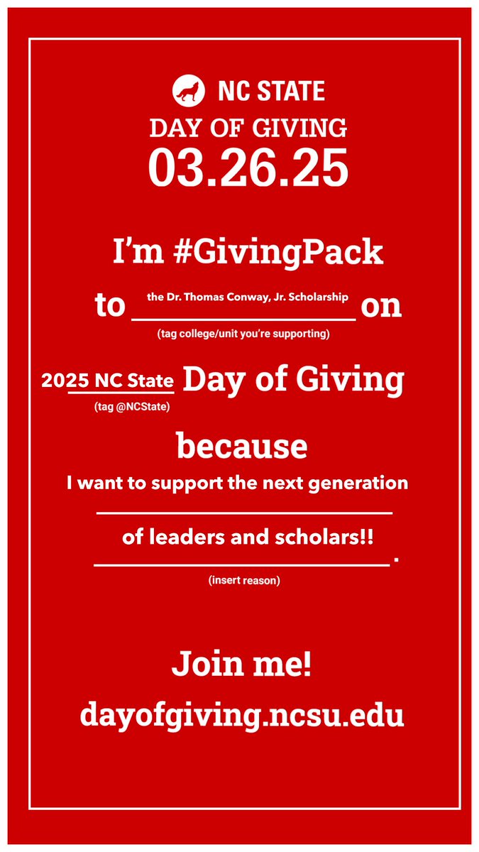 It’s the Day of Giving at <a href="/NCState/">NC State University</a>, and today, I made a gift to the Conway scholarship; as Dr. Conway epitomized our Think and Do spirit.

🐺🐺 Join me in #GivingPack! 🐺🐺

ncstate.link/sw019-give

<a href="/DougYopp/">Doug Yopp</a> <a href="/TamPack/">TamPACK</a> <a href="/LaLynde_/">Lyndenise</a>  <a href="/wquick324/">Will Quick</a> <a href="/KellyHook/">Kelly Hook</a> <a href="/NCStateAlumni/">NC State Alumni</a>