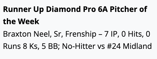 6ATxHSBaseball (@6atxhsbaseball) on Twitter photo The Runner Up <a href="/Diamondpropgp/">DIAMOND PRO</a> 6A Pitcher of the Week goes to <a href="/BraxtonNeel/">Braxton Neel</a> of <a href="/FrenshipBSBL/">Frenship Baseball</a> 
<a href="/TxHS_Baseball/">THSB</a> The Runner Up <a href="/Diamondpropgp/">DIAMOND PRO</a> 6A Pitcher of the Week goes to <a href="/BraxtonNeel/">Braxton Neel</a> of <a href="/FrenshipBSBL/">Frenship Baseball</a> 
<a href="/TxHS_Baseball/">THSB</a>