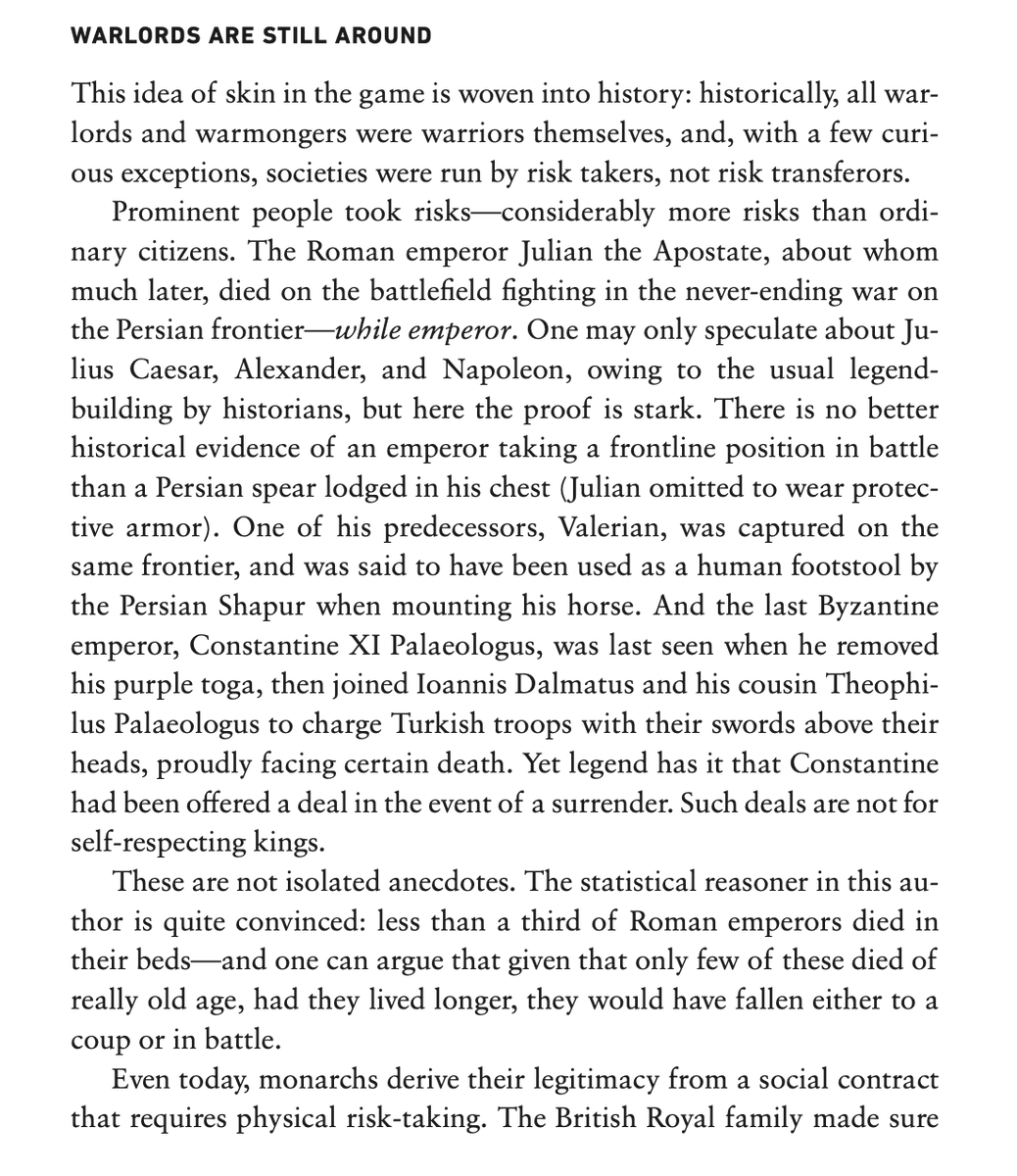 nntaleb's tweet photo. The central passage in Skin in the Game is the immorality of blowing up someone in a remote location while safely sipping Bourbon, something that never happened before in the history of mankind.
JFK, Bush senior, &amp; many others had skin in the game; they were prisoners of war. https://t.co/WF5309QcOW
