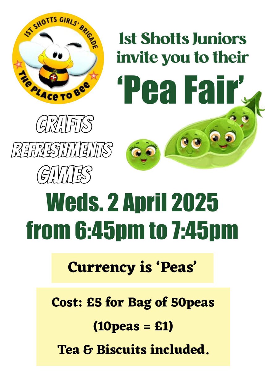 Our Juniors have organising a 'Pea Fair' on Wednesday 2 April 2025. Currency is 'Peas'. Cost is £5.00 per bag of 50Peas, includes Tea &amp; Biscuits. Handmade Crafts for sale &amp; Games to enjoy! Please come along <a href="/DykeheadPrimary/">Dykehead Primary</a> <a href="/CalderheadHS/">Calderhead HS</a> <a href="/ShottsStPats/">St. Patrick's Shotts</a> <a href="/staneprimary/">Stane Primary & Nursery Class</a>
