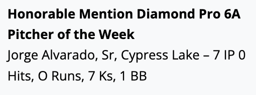 6ATxHSBaseball (@6atxhsbaseball) on Twitter photo The Honorable Mention <a href="/Diamondpropgp/">DIAMOND PRO</a> 6A Pitcher of the Week goes to <a href="/_Alvarado_23/">Jorge Alvarado</a> from <a href="/CyLakesBaseball/">Lakes Baseball</a>
<a href="/TxHS_Baseball/">THSB</a> The Honorable Mention <a href="/Diamondpropgp/">DIAMOND PRO</a> 6A Pitcher of the Week goes to <a href="/_Alvarado_23/">Jorge Alvarado</a> from <a href="/CyLakesBaseball/">Lakes Baseball</a>
<a href="/TxHS_Baseball/">THSB</a>