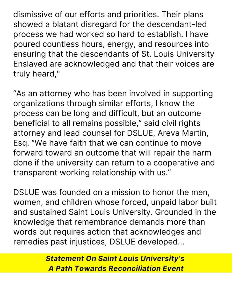 ArevaMartin's tweet photo. Descendants of St. Louis University Enslaved (DSLUE) Releases Statement On Saint Louis University’s A Path Towards Reconciliation Event https://t.co/NN9WqWbWAv