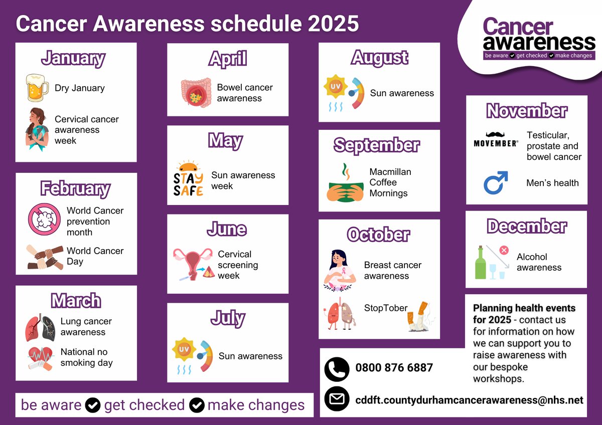 💜 Is your organisation or community group looking for ways to support your employees or attendees? 

Our team provide a different theme each month for workshops. Why not book one to support your health?

Contact cddft.countydurhamcancerawareness@nhs.net or 0800 876 6887 to book.