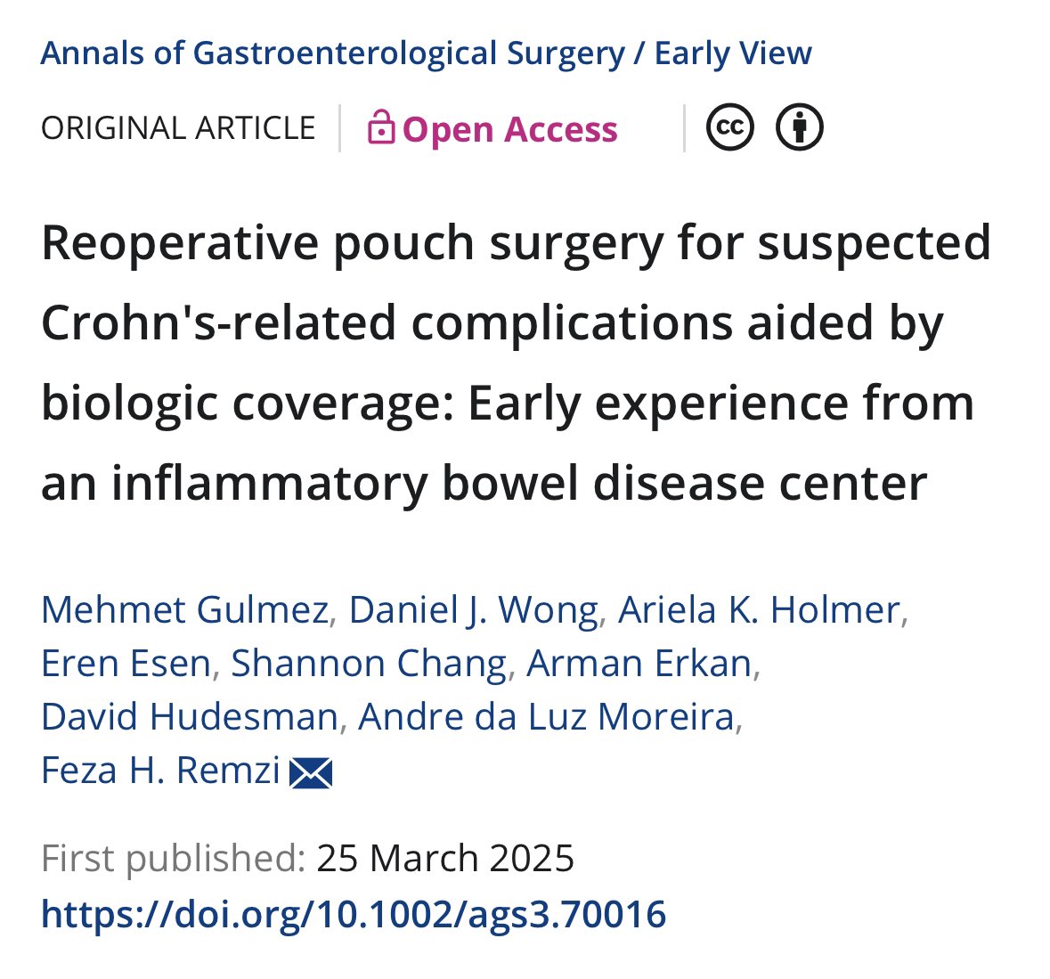 Mehmet Gulmez, MD (@mehmetgulmezmd) on Twitter photo 🚀 New publication! 🚀
Excited to share our latest paper which explore the role of biologic coverage in reoperative pouch surgery in patients with Crohn’s-like features.
Grateful for this opportunity! <a href="/FezaRemziMD/">Dr Feza Remzi</a> <a href="/ArmanErkanMD/">Arman Erkan</a> <a href="/andreluzmoreira/">Andre Moreira</a>
onlinelibrary.wiley.com/doi/full/10.10… 🚀 New publication! 🚀
Excited to share our latest paper which explore the role of biologic coverage in reoperative pouch surgery in patients with Crohn’s-like features.
Grateful for this opportunity! <a href="/FezaRemziMD/">Dr Feza Remzi</a> <a href="/ArmanErkanMD/">Arman Erkan</a> <a href="/andreluzmoreira/">Andre Moreira</a>
onlinelibrary.wiley.com/doi/full/10.10…