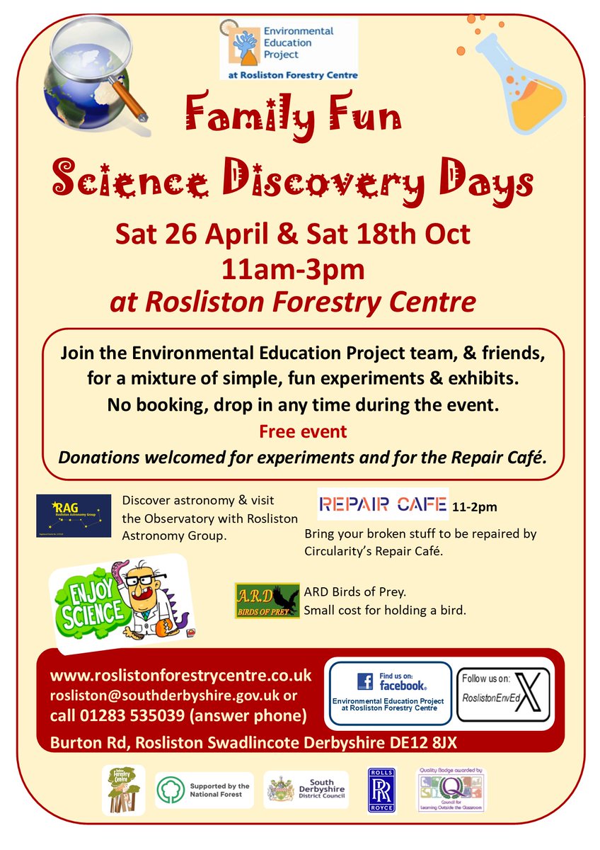 RoslistonEnvEd's tweet image. Come & enjoy our FREE Family Science Discovery Day & Repair Cafe at Rosliston Forestry Centre Sat 26th April 11-3pm🔭🦉
No booking: drop in
Lots of science fun plus Easter craft stalls
& chance for anyone considering a school trip or corporate group conservation visit to chat 💚