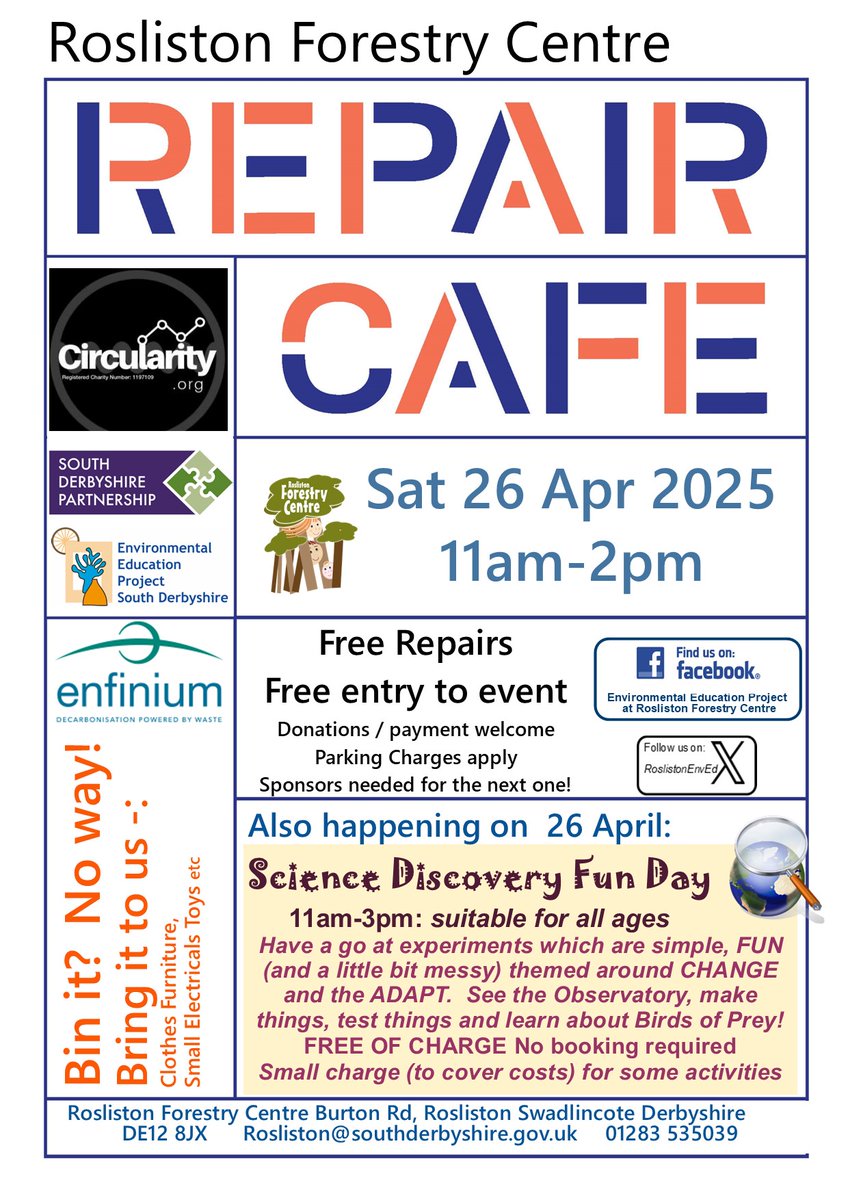 RoslistonEnvEd's tweet image. Come & enjoy our FREE Family Science Discovery Day & Repair Cafe at Rosliston Forestry Centre Sat 26th April 11-3pm🔭🦉
No booking: drop in
Lots of science fun plus Easter craft stalls
& chance for anyone considering a school trip or corporate group conservation visit to chat 💚