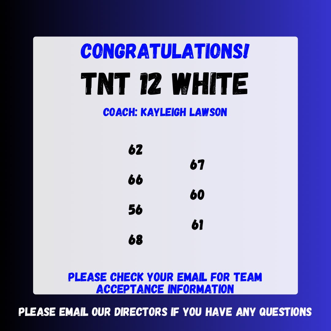 Congratulations to our athletes who have made a TNT team for session 2! 🎉🎉 Be on the lookout for more information to be sent via email!