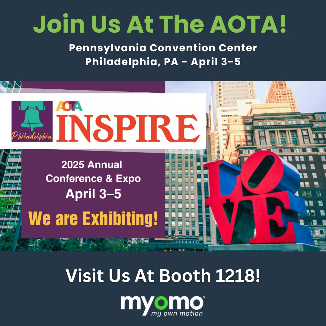 Join us at AOTA Inspire in Philly, April 3-5! Visit Booth 1218 for innovations in myoelectric arm orthoses. Don’t miss our session on April 4: Intro to Myoelectric Tech in Rehab! #AOTAInspire #Myomo #OccupationalTherapy #MyoPro #AssistiveTech