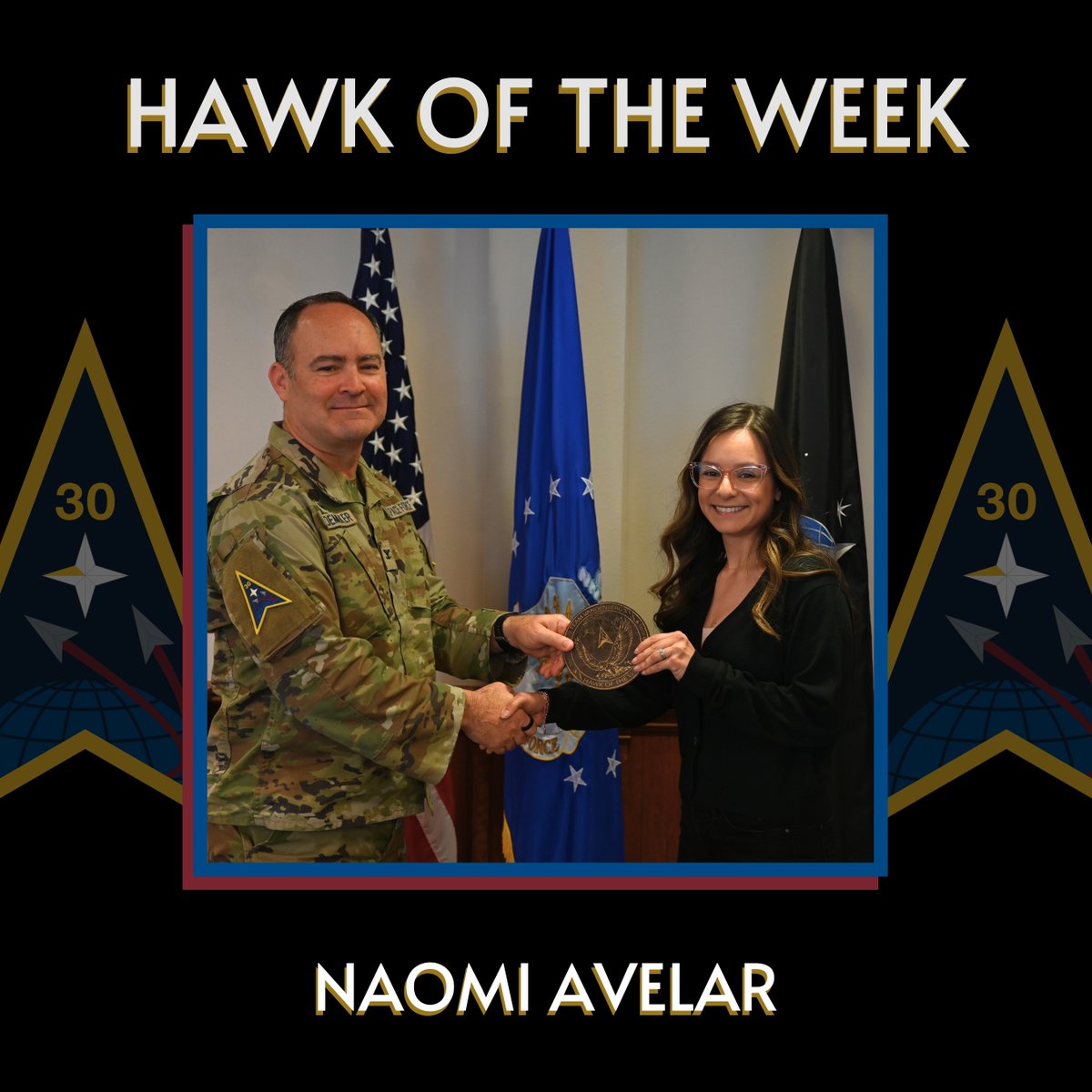 Congrats to our #HawkoftheWeek, Naomi Avelar! 🎉As the Unit Program Coordinator for the 30th Operations Support Squadron, she ensures our mission stays on track! 🙌 Her dedication and attention to detail make a huge impact! 

#WhyIServe #HotW