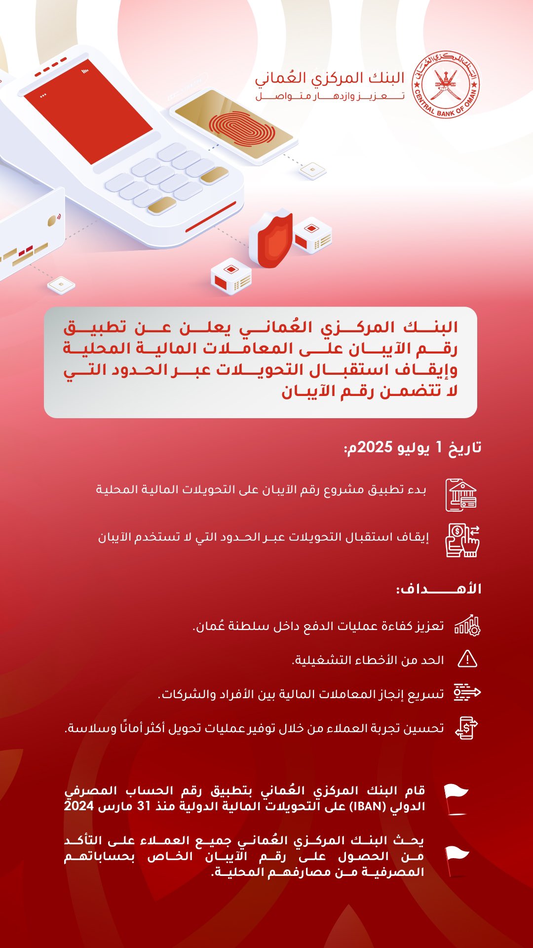 يحتوي المنشور على التفاصيل التالية:
البنك المركزي العُماني يعلن عن تطبيق رقم الآيبان على المعاملات المالية المحلية وإيقاف استقبال التحويلات عبر الحدود التي لا تتضمن رقم الآيبان

تاريخ 1 يوليو 2025م:
* بدء تطبيق مشروع رقم الآيبان على التحويلات المالية المحلية
* إيقاف استقبال التحويلات عبر الحدود التي لا تستخدم الآيبان
الأهداف:
1.  تعزيز كفاءة عمليات الدفع داخل سلطنة عُمان.
2. الحد من الأخطاء التشغيلية.
3. تسريع إنجاز المعاملات المالية بين الأفراد والشركات.
4. تحسين تجربة العملاء من خلال توفير عمليات تحويل أكثر أمانًا وسلاسة.

* قام البنك المركزي العُماني بتطبيق رقم الحساب المصرفي الدولي (IBAN) على التحويلات المالية الدولية منذ 31 مارس 2024
* يحث البنك المركزي العُماني جميع العملاء على التأكد من الحصول على رقم الآيبان الخاص بحساباتهم المصرفية من مصارفهم المحلية.