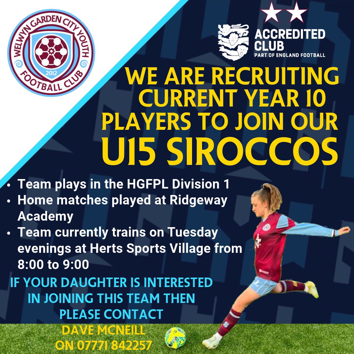 🚨 Players Wanted! 🚨

Our U15 Siroccos are recruiting Year 10 players for the upcoming season! ⚽💪

📍 HGFL Division 1
📍 Home matches @ Ridgeway Academy
📍 Training: Tuesdays, 8-9 PM @ Herts Sports Village

Interested? Contact Dave McNeill – 07771 842257 📞
