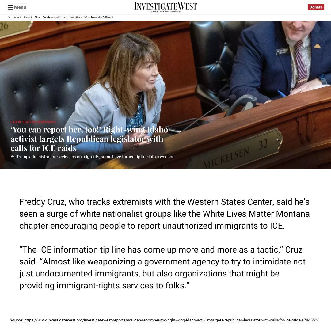 White nationalist groups like White Lives Matter Montana are pushing people to use ICE’s tip line to target immigrants &amp; rights orgs.
WSC’s Freddy Cruz: “It’s like weaponizing a gov’t agency to intimidate.”
This isn’t public safety — it’s harassment. buff.ly/9j3eB3V