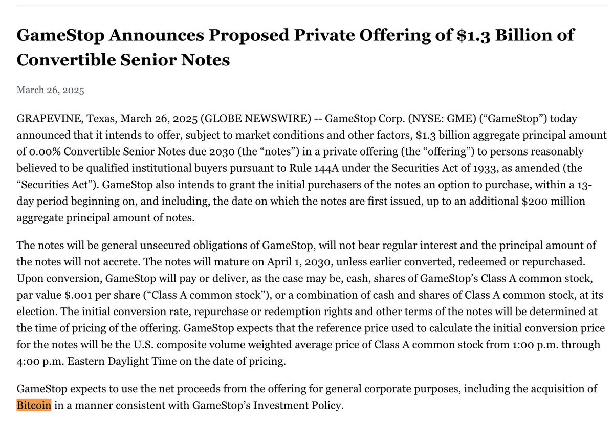 BREAKING: GameStop $GME to raise $1.3 billion to buy #Bitcoin