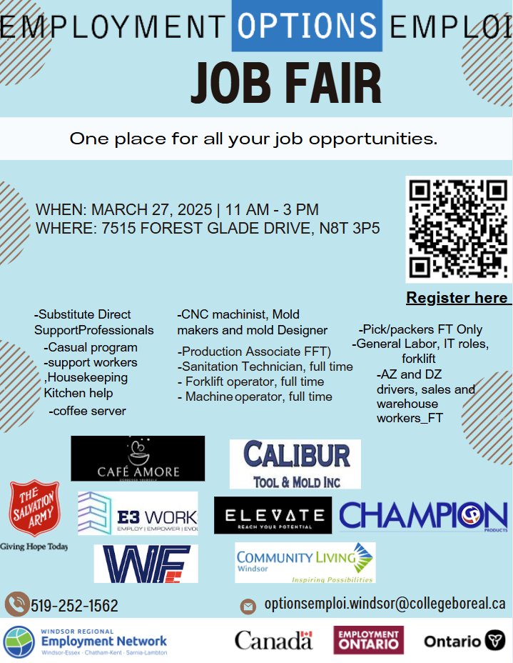 Happening tomorrow! Job fair organized by <a href="/collegeboreal/">Collège Boréal</a>. Don't miss the opportunity to connect with hiring employers in #WindsorEssex! | Date: Thursday, March 27 | Time: 11AM - 3PM | Location: 7515 Forest Glade Drive, N8T 3P5.

➡️ Scan the QR code to register! 👇