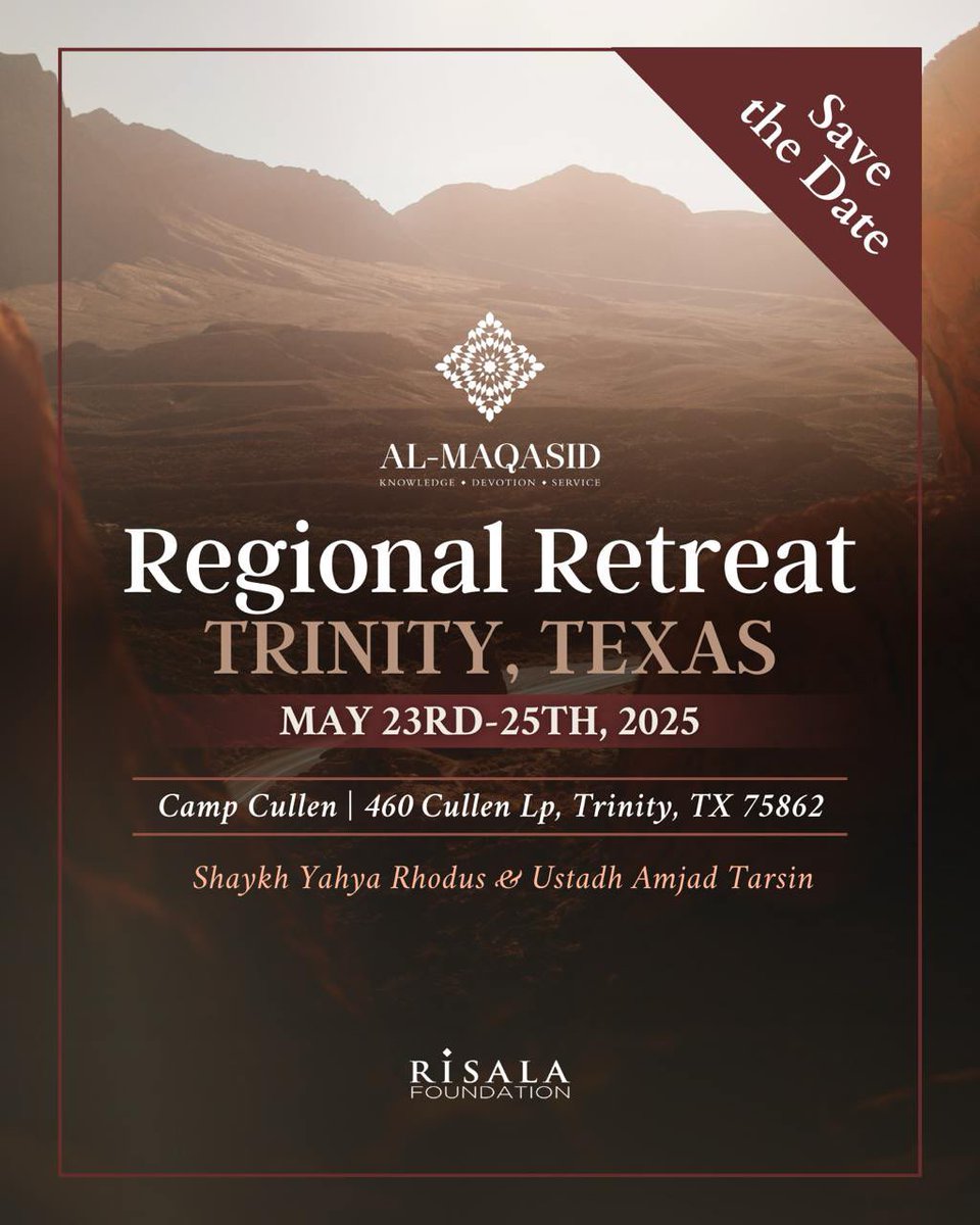 Al-Maqasid Outreach is happy to announce the first Al-Maqasid Regional Retreat in Trinity, Texas. Registration opening soon InshAllah. 
To find our more about our regional retreats, please visit: almaqasid.org/outreach