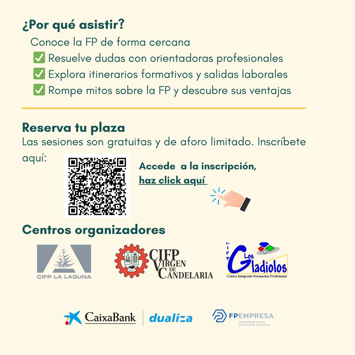 CIFP LA LAGUNA (@cifplalaguna) on Twitter photo 🗓️ Fechas y lugares:
📍 7 abril – CIFP La Laguna
📍 28 abril – CIFP Los Gladiolos
📍 12 mayo – CIFP Virgen de Candelaria
🕔 Comienzan a las 17:00 h
💬 Orientación personalizada y buen café.
🎟️ ¡Entrada gratuita con aforo limitado!
📲 Reserva tu plaza escaneando el código QR
. 🗓️ Fechas y lugares:
📍 7 abril – CIFP La Laguna
📍 28 abril – CIFP Los Gladiolos
📍 12 mayo – CIFP Virgen de Candelaria
🕔 Comienzan a las 17:00 h
💬 Orientación personalizada y buen café.
🎟️ ¡Entrada gratuita con aforo limitado!
📲 Reserva tu plaza escaneando el código QR
.
