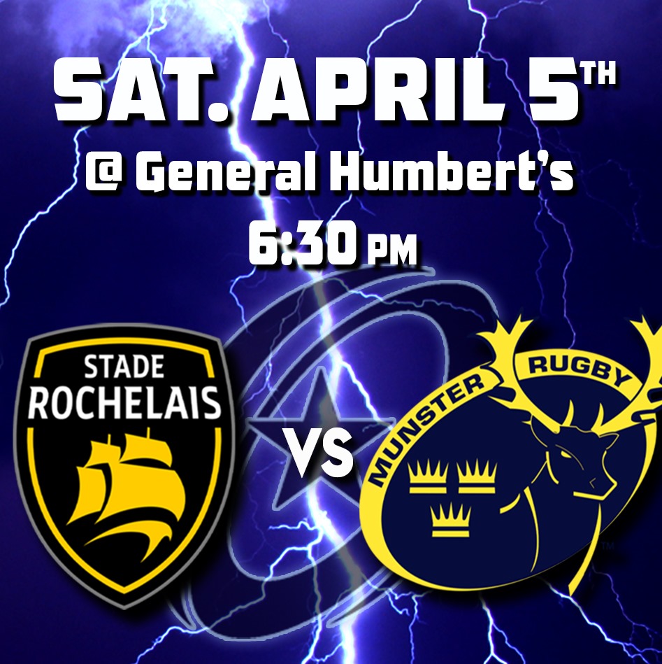 Saturday 05 April 6.30pm
LA ROCHELLE vs MUNSTER RUGBY
Live 🏉🏆Champions Cup🏆🏉
<a href="/GeneralHumbert/">The General Humbert</a> #SUAF 🔴 #munsterrugby #mrsc <a href="/MRSC16/">Munster Rugby SC</a> <a href="/Munsterrugby/">Munster Rugby</a>