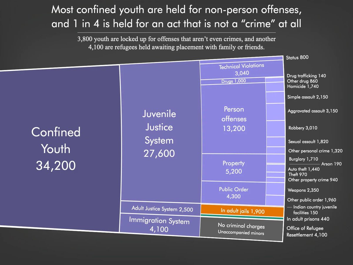 About 1 in 12 youth held for a criminal or delinquent offense is locked in an adult jail or prison, and most of the others are held in juvenile facilities that look and operate a lot like prisons and jails.

The carceral system is not a place for children.